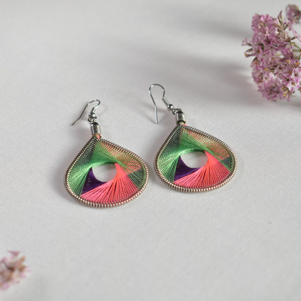 teardrop thread earrings pink green purple