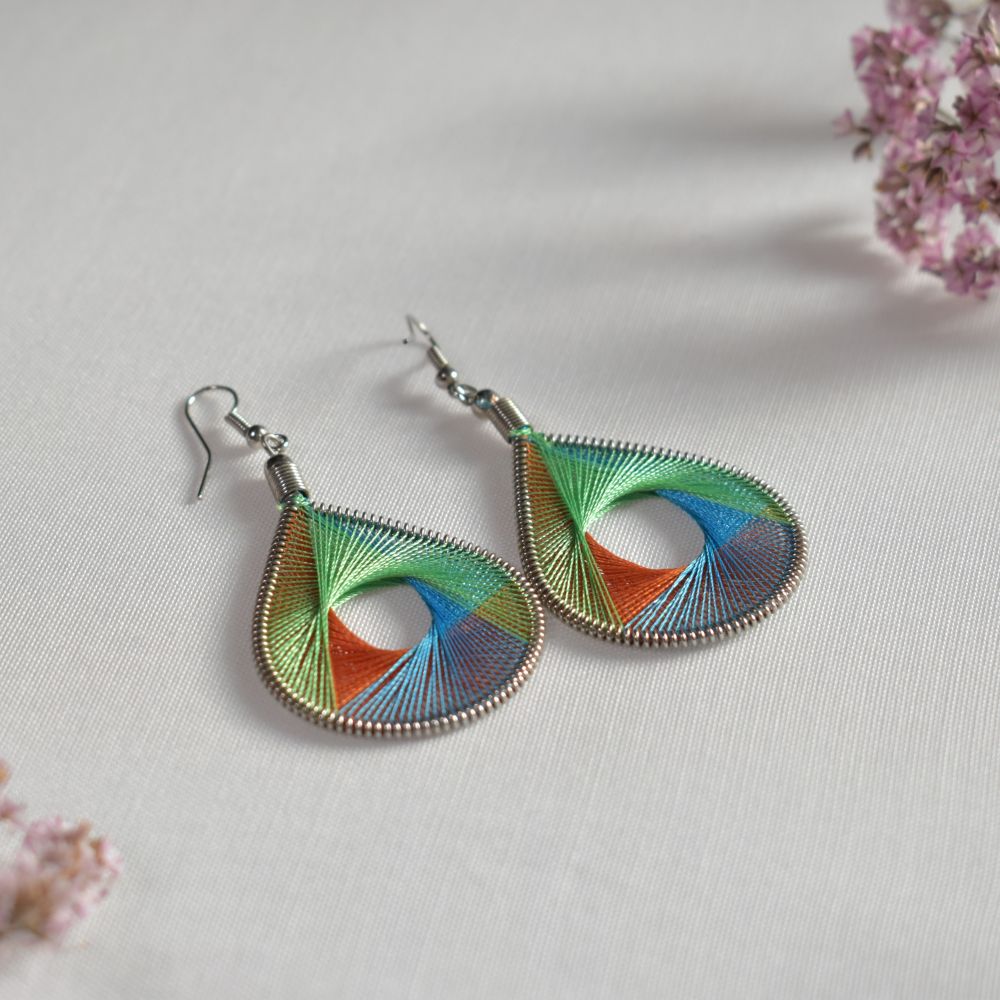 teardrop thread earrings pink green purple