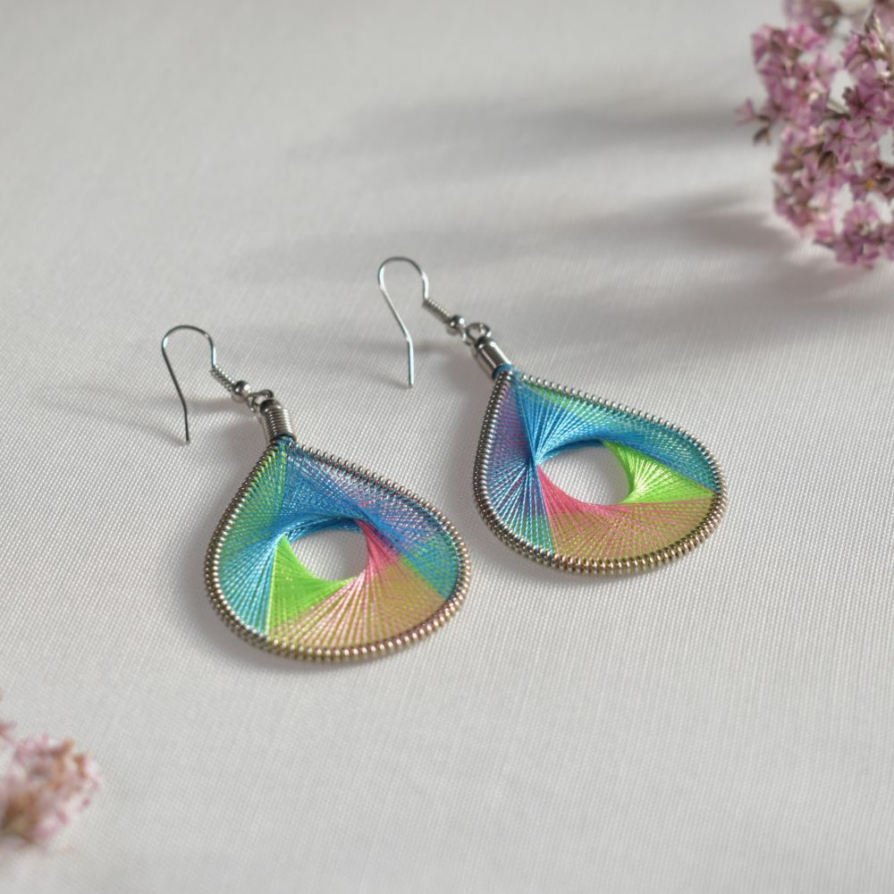teardrop thread earrings blue green pink