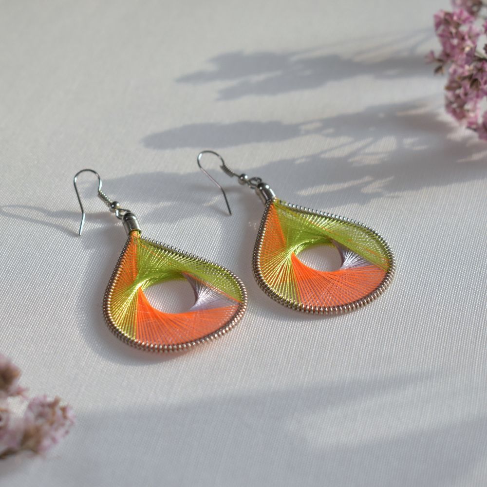 teardrop thread earrings green orange lilac