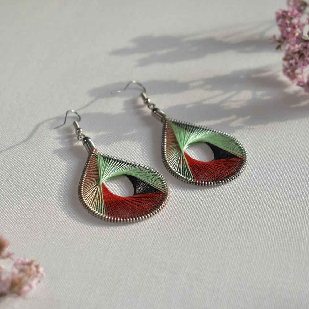 teardrop thread earrings red black green