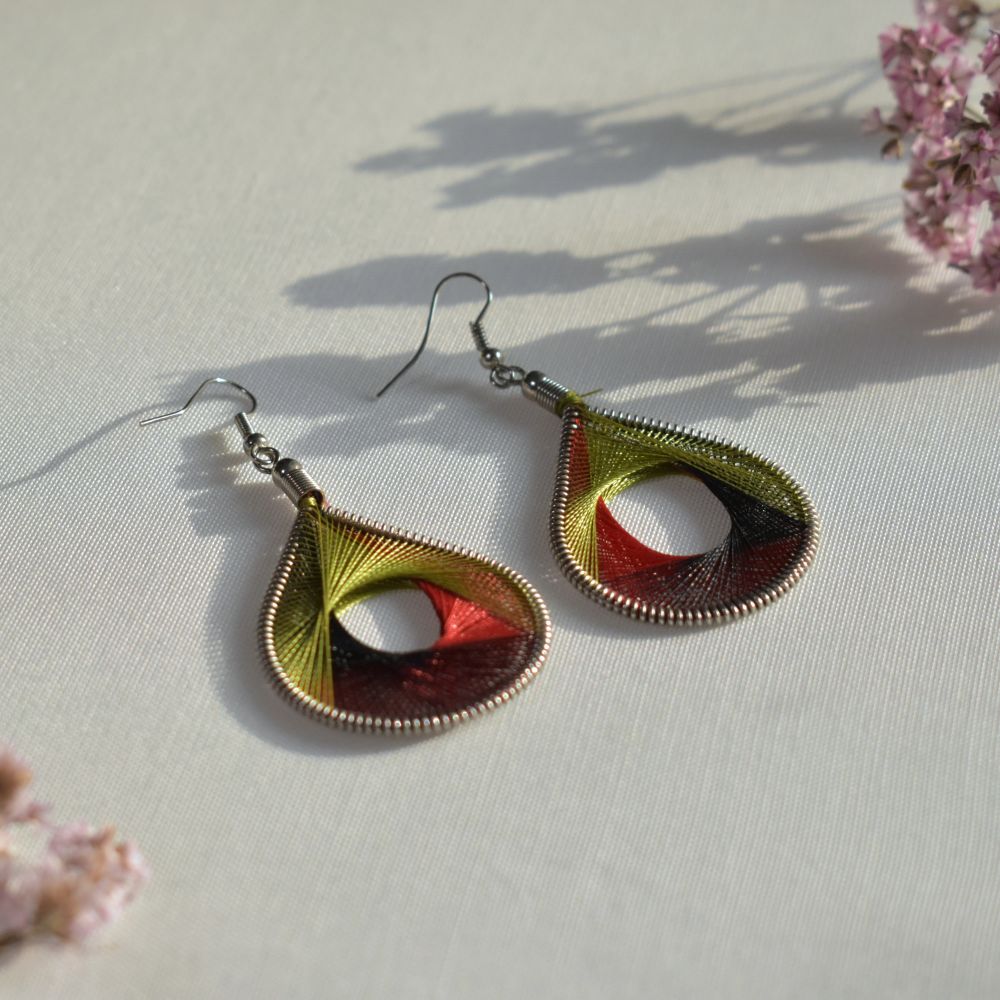 teardrop thread earrings olive red black