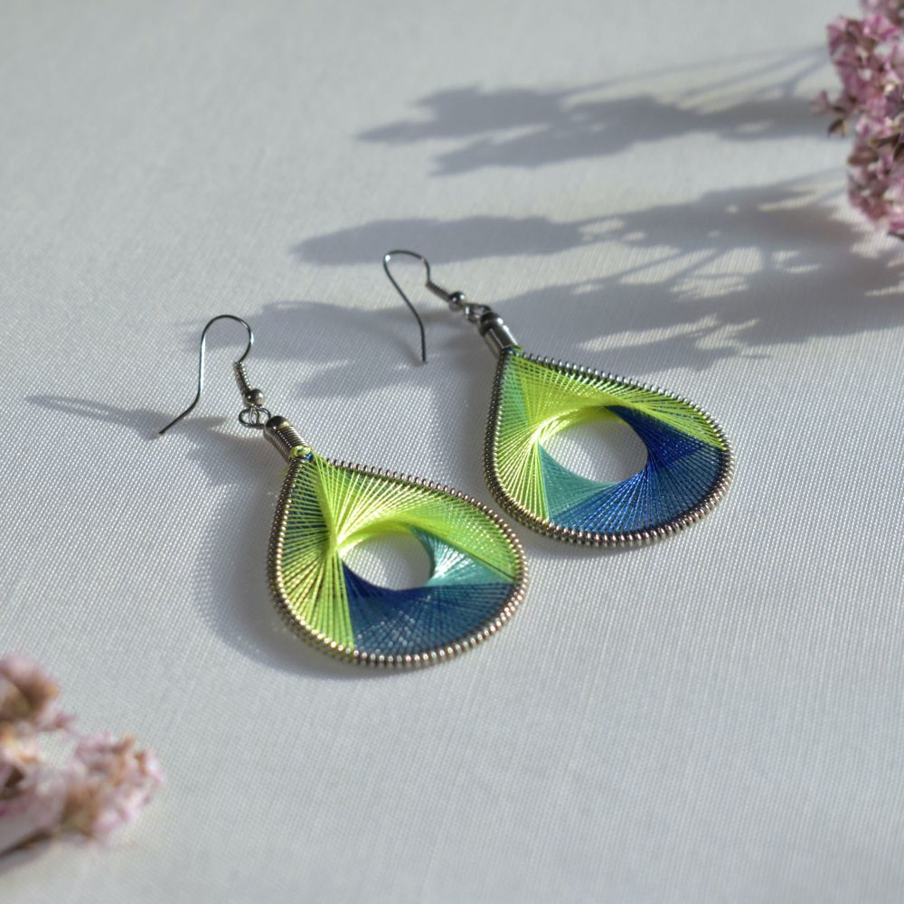 teardrop thread earrings neon green blue light blue