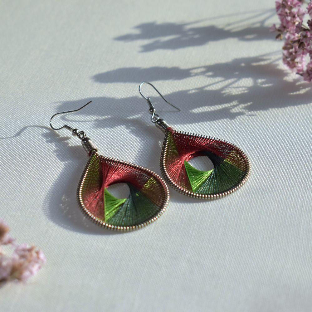 teardrop thread earrings red green light green
