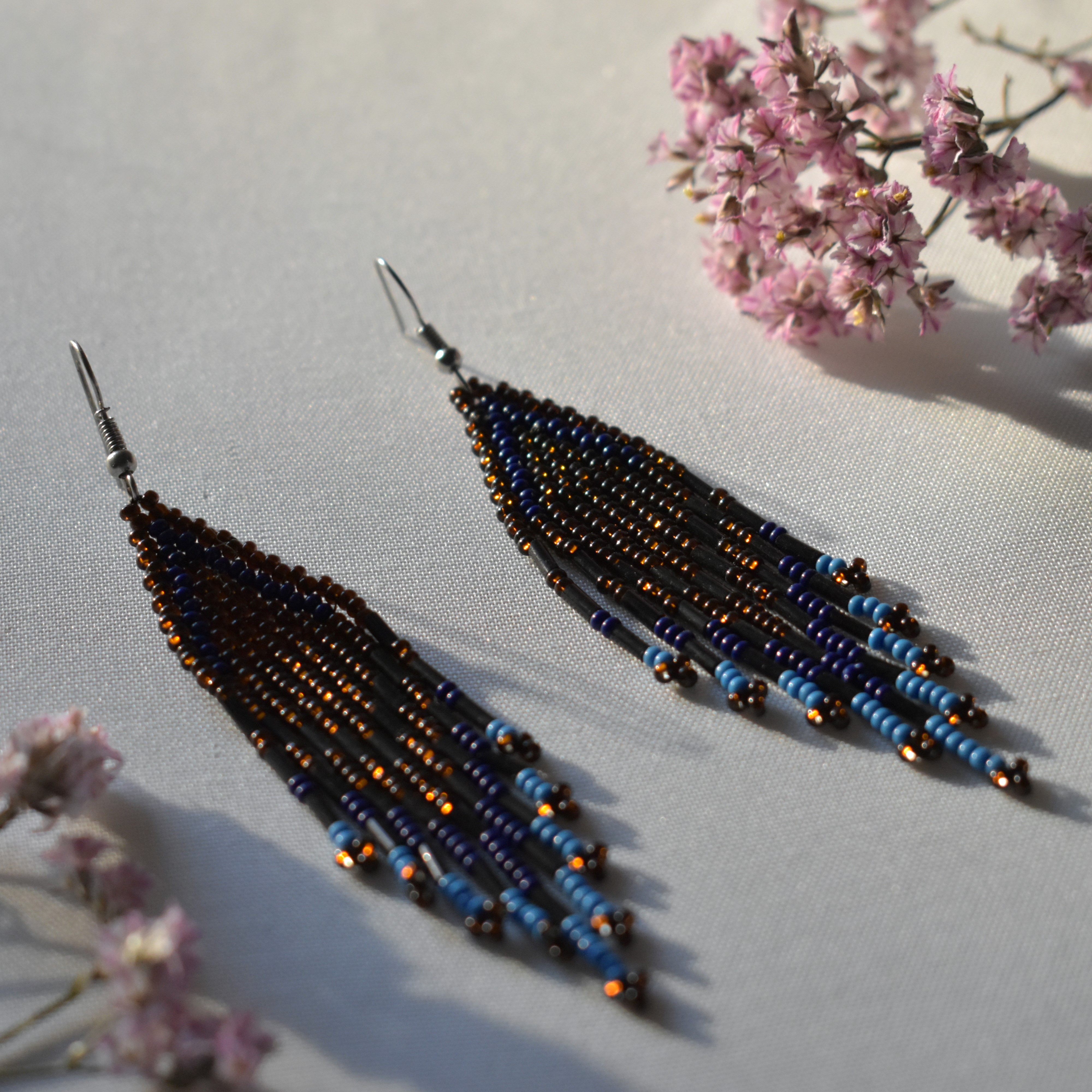 Beaded Fringe Earrings blue and brown