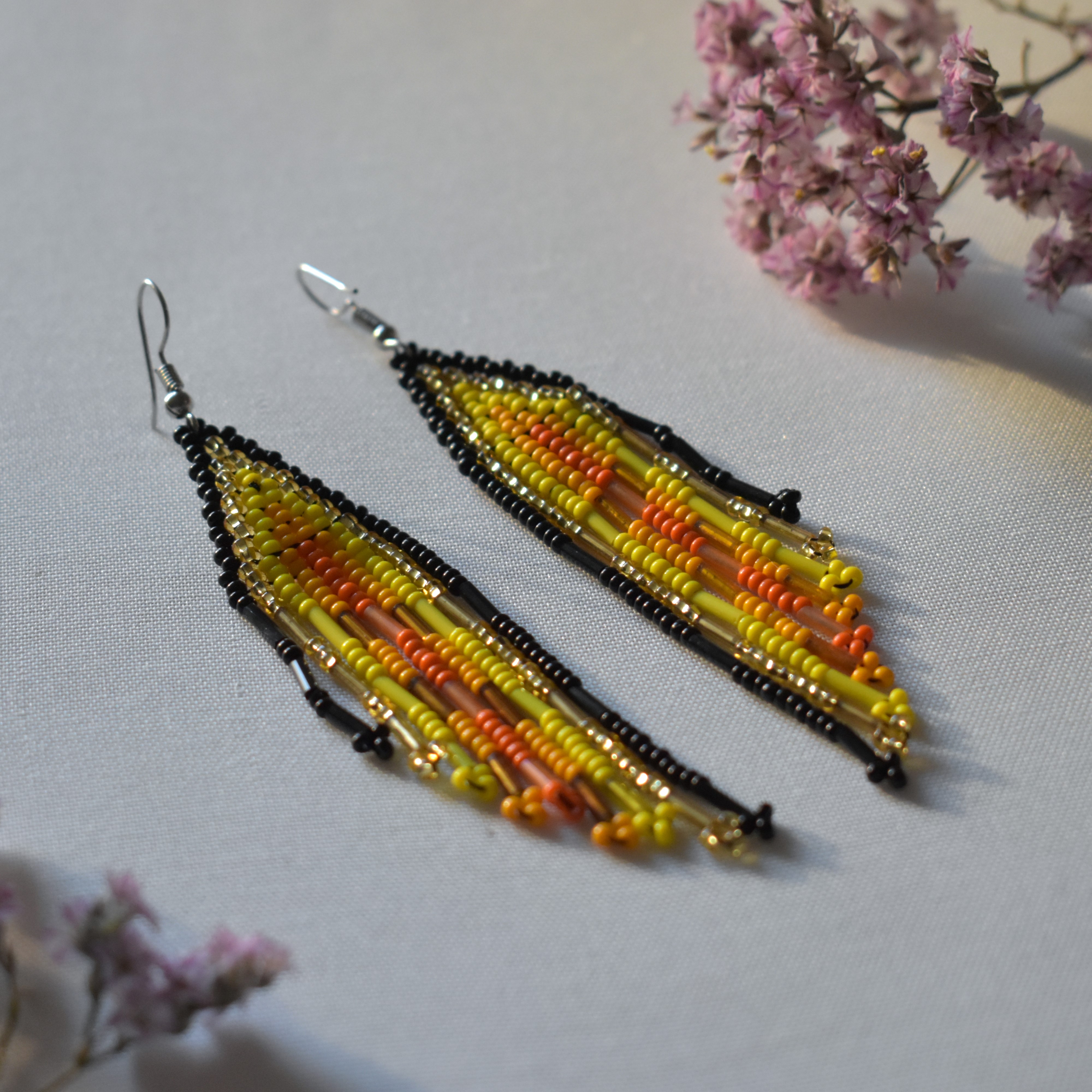 Beaded Fringe Earrings orange and yellow