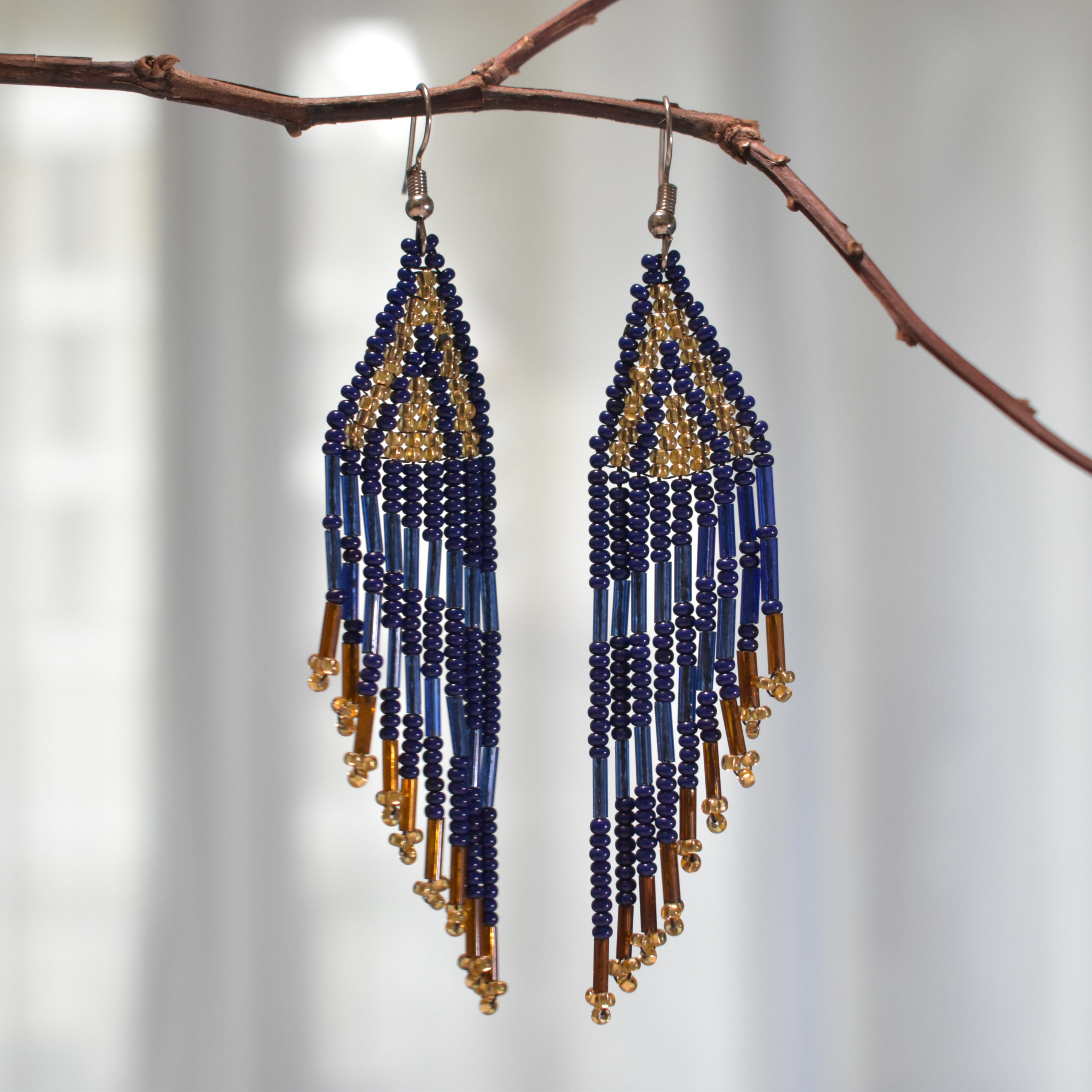 Beaded Fringe Earrings blue and gold