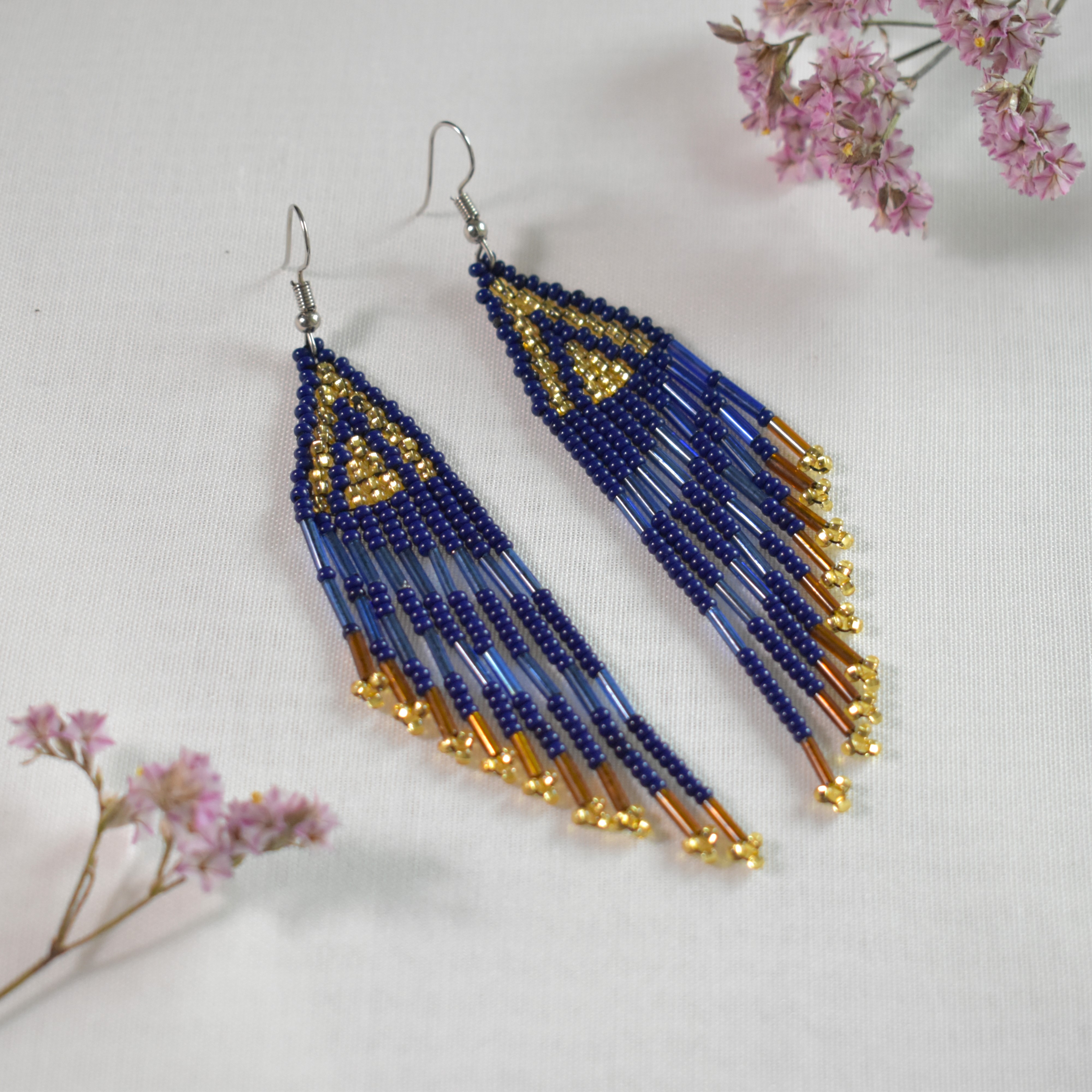 Beaded Fringe Earrings blue and gold