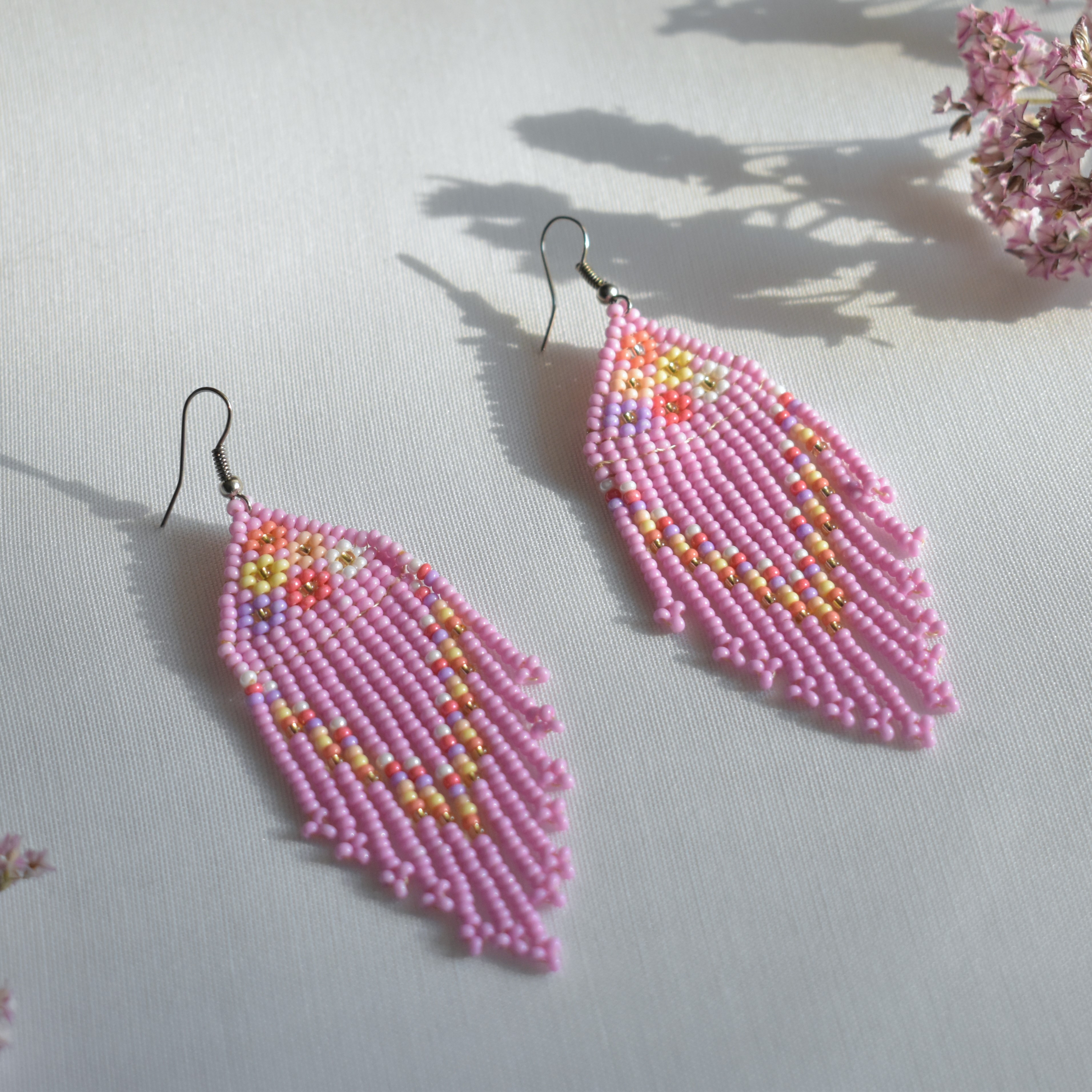 pink Floral Beaded Fringe Earrings