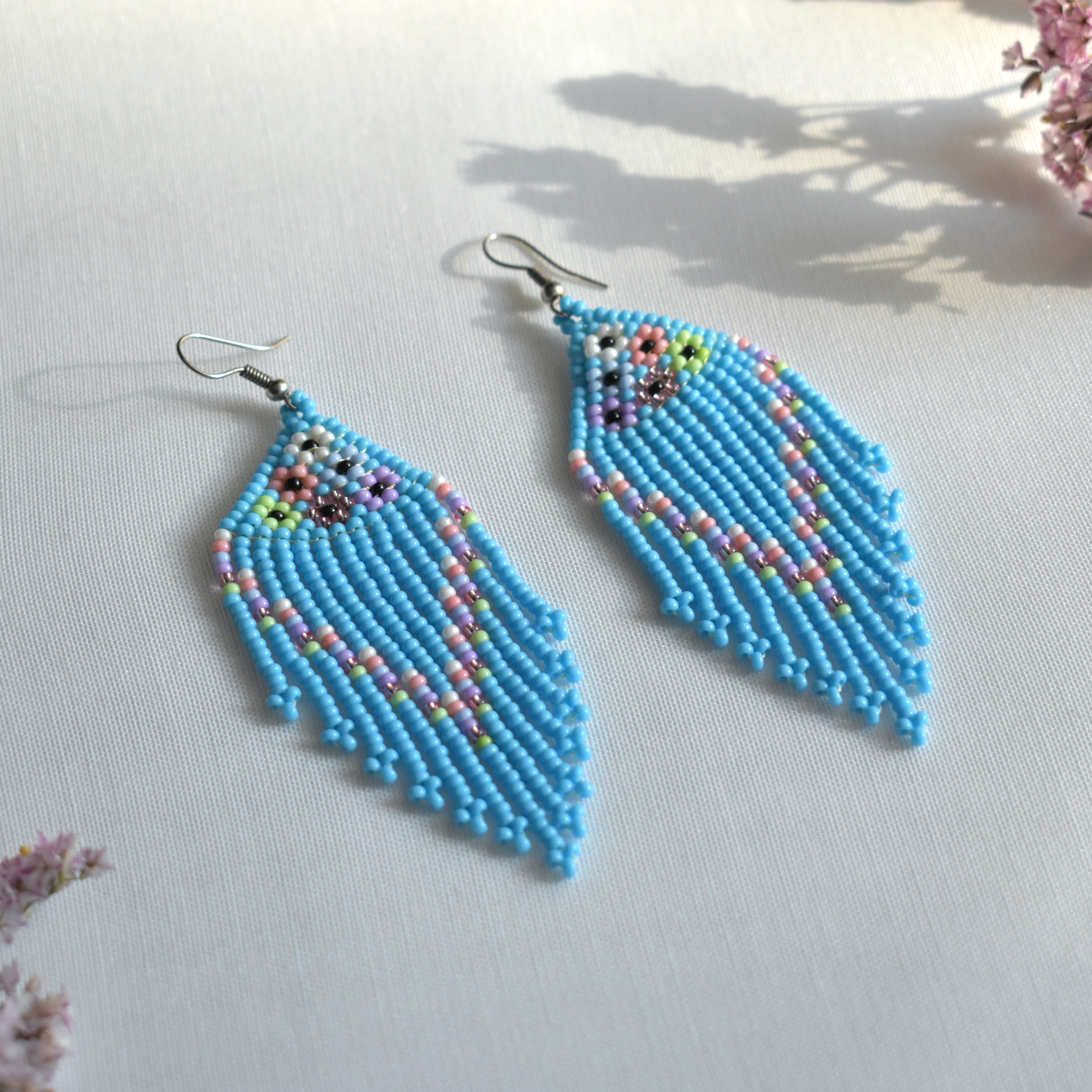 light blue Floral Beaded Fringe Earrings