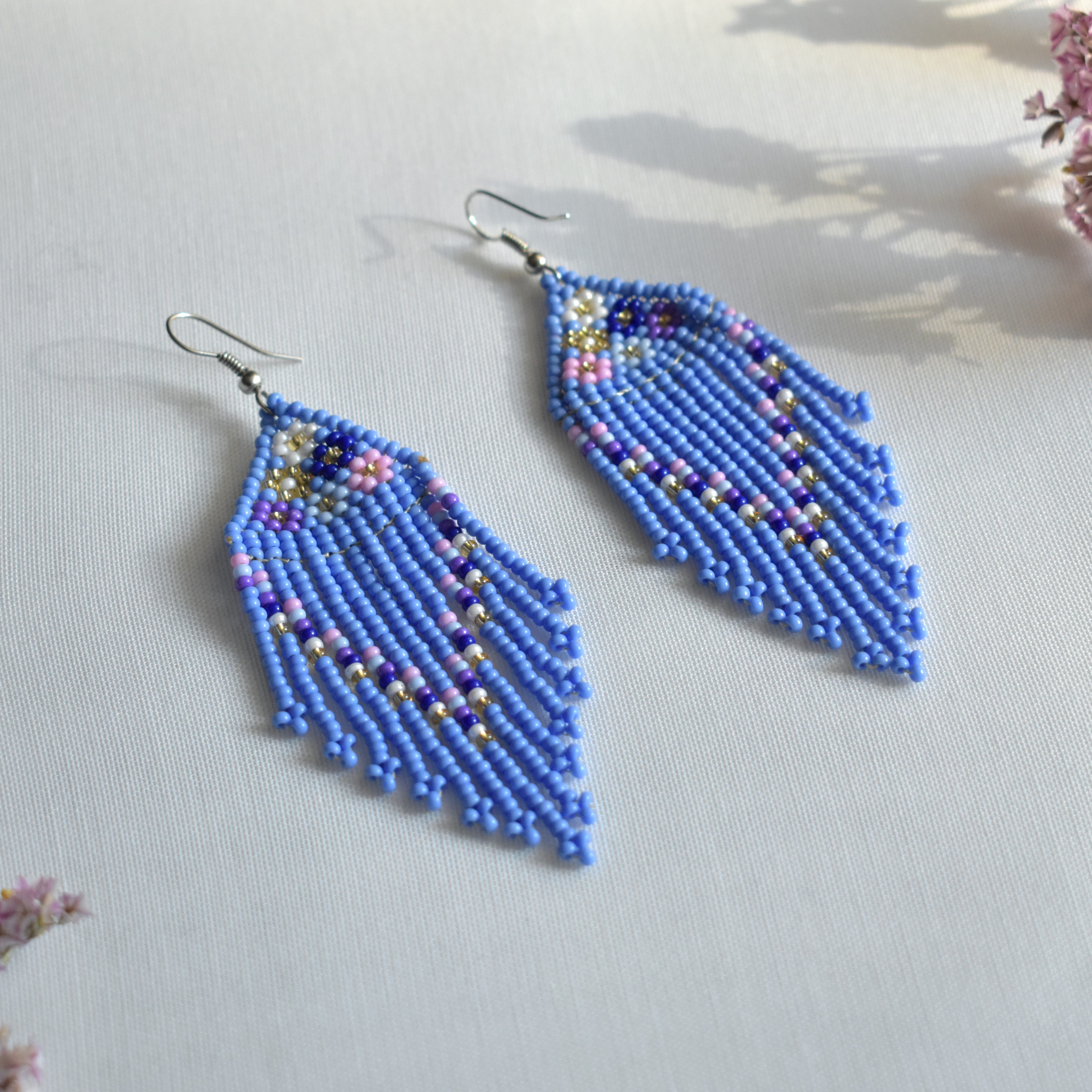 Purple Floral Beaded Fringe Earrings