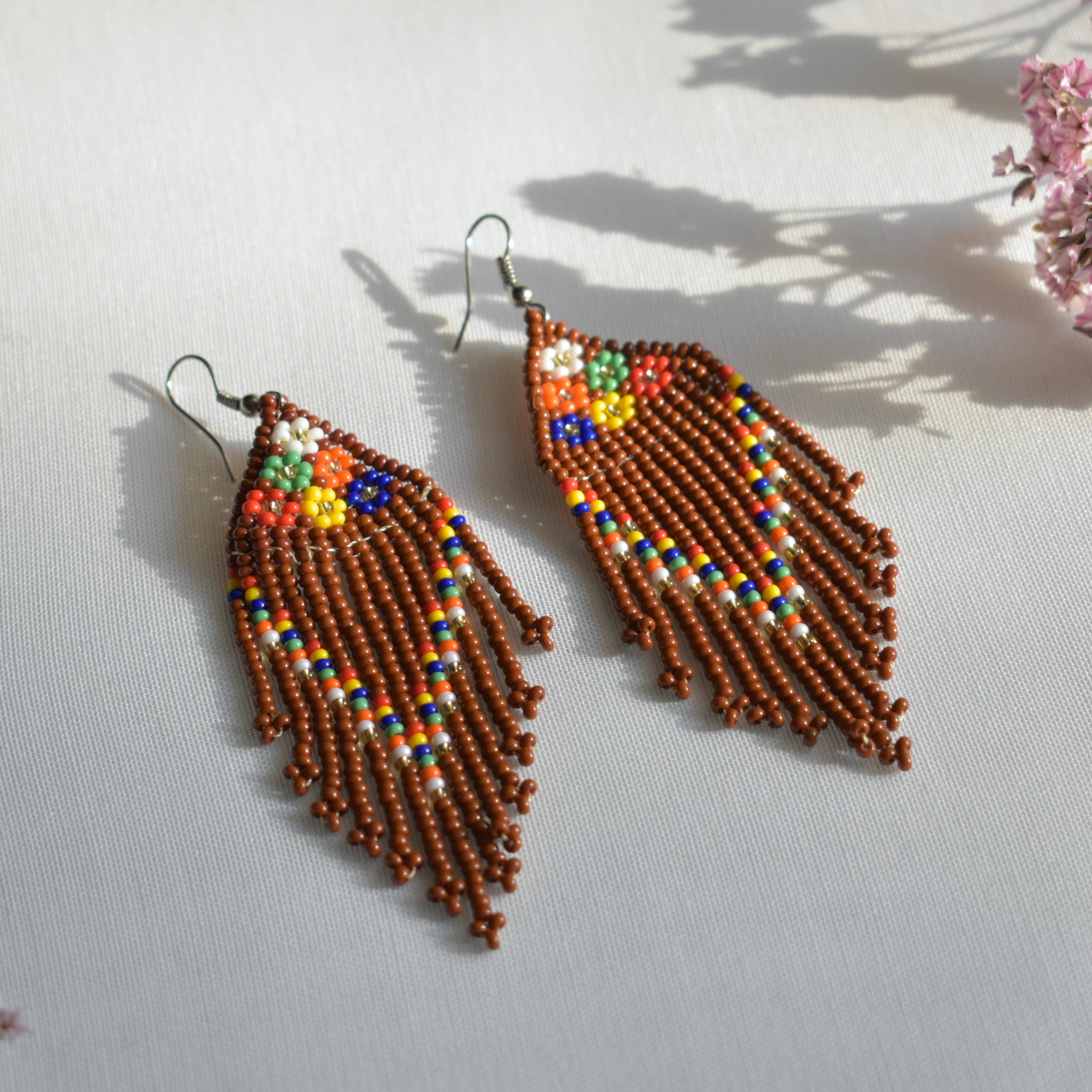 Brown Floral Beaded Fringe Earrings