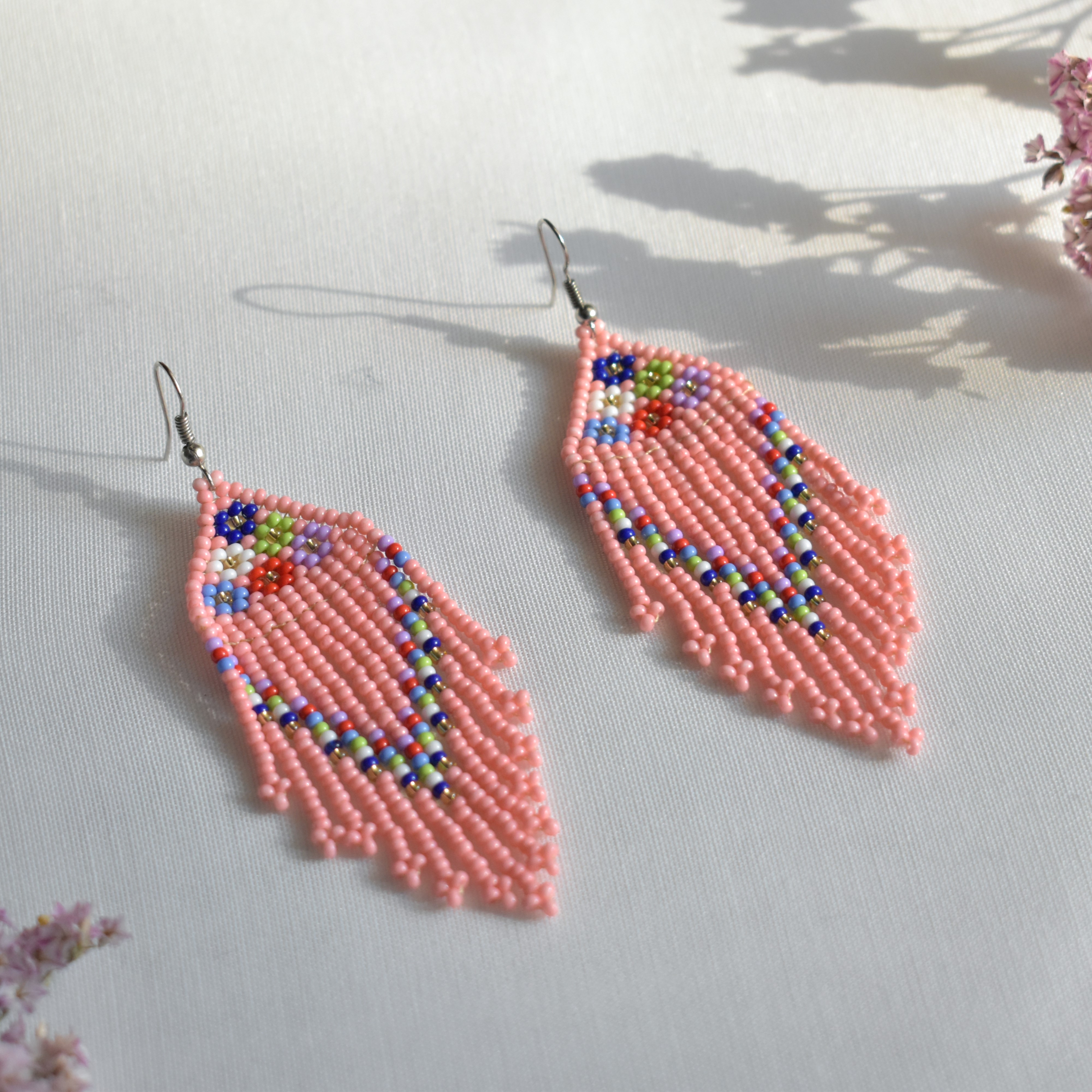 Salmon Floral Beaded Fringe Earrings