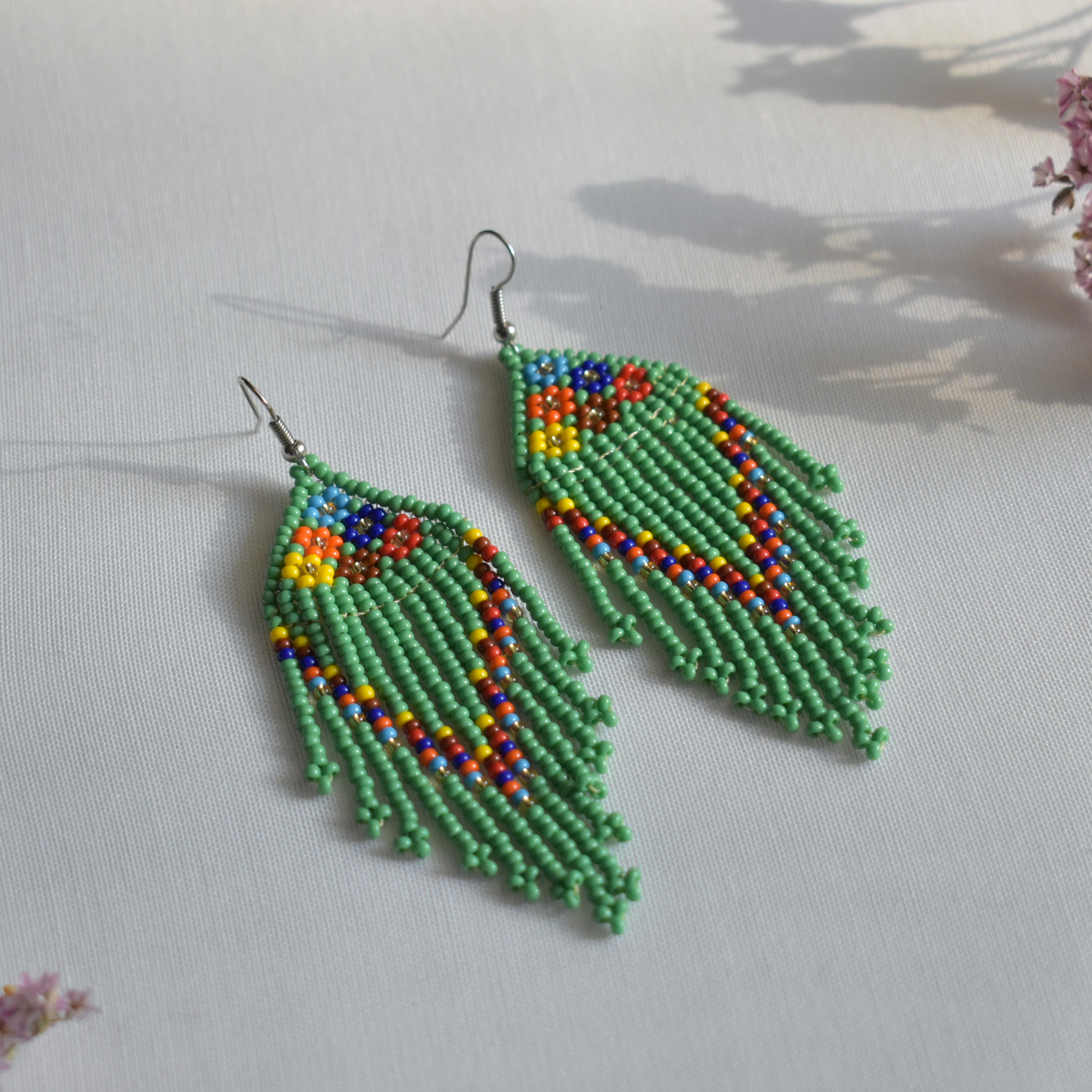 Green Floral Beaded Fringe Earrings