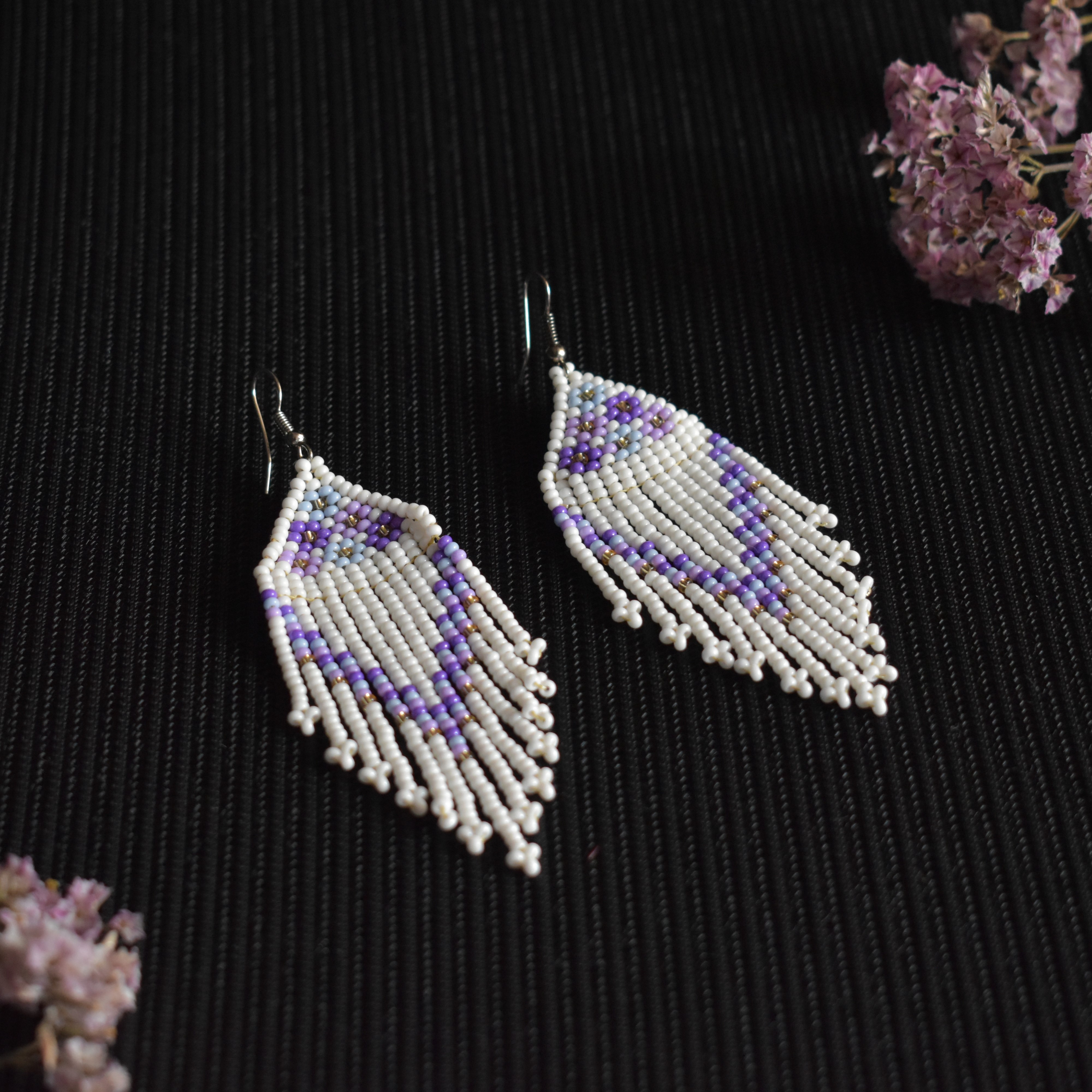 White Floral Beaded Fringe Earrings