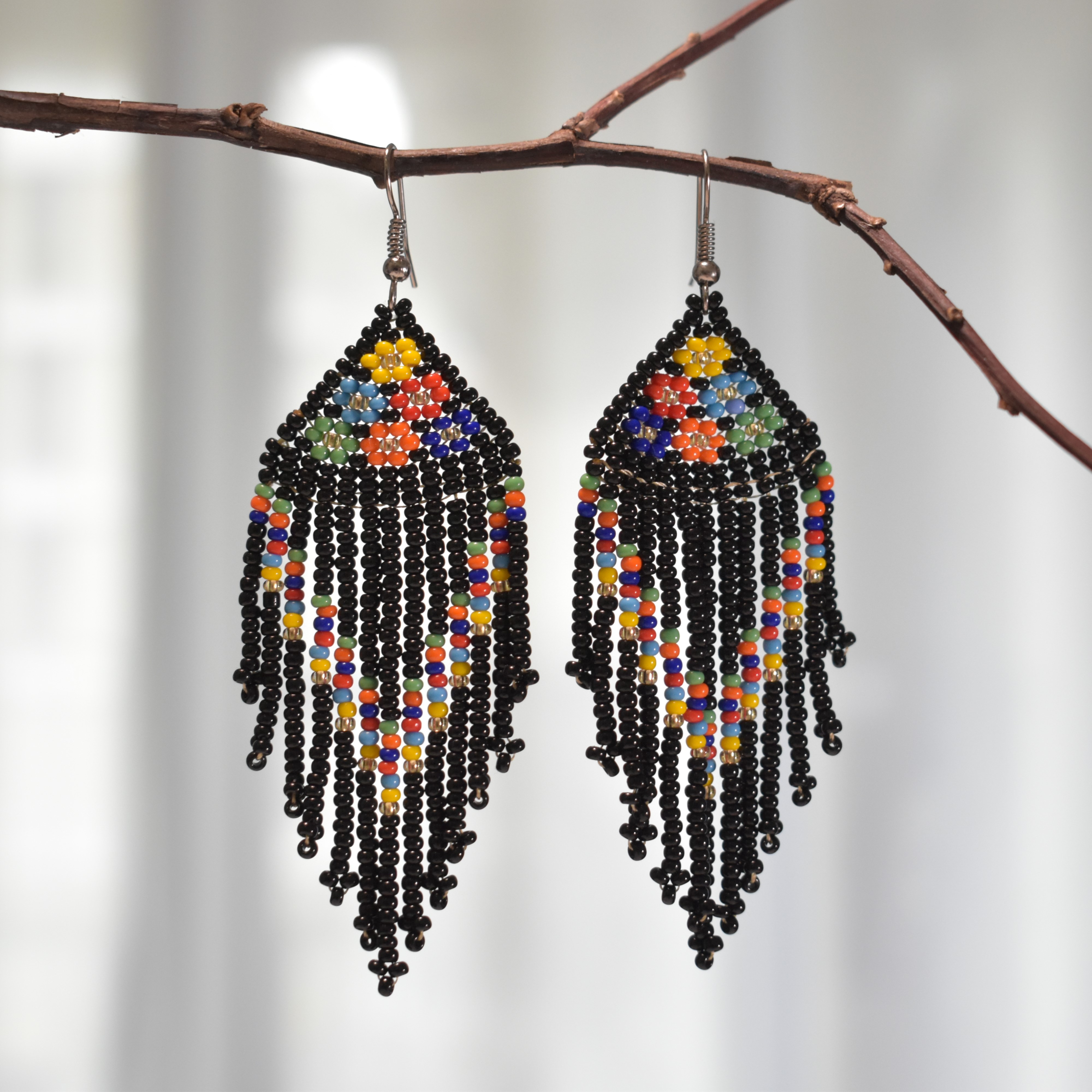 black Floral Beaded Fringe Earrings